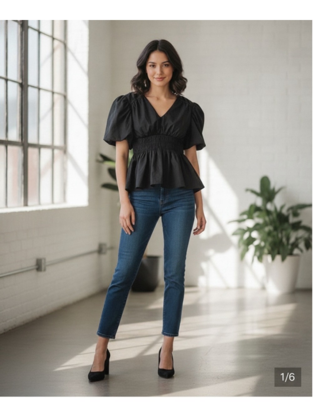 Moon River Anthropologie Black Puff Sleeve V-Neck Smocked Waist Top size large